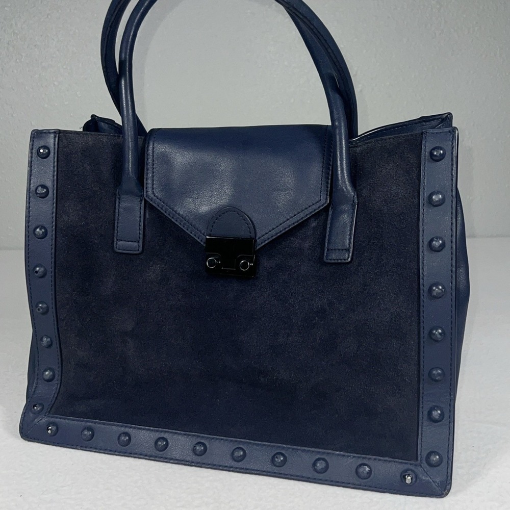 Loeffler Randall Tote Bag Womens Navy Blue Good Studded Suede Leather Satchel